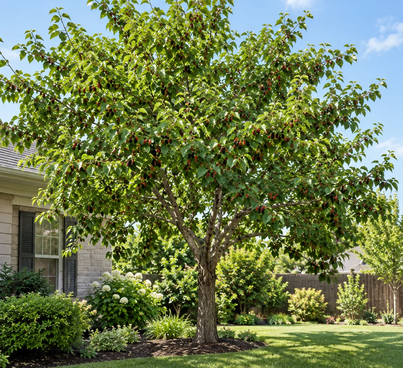 Mature red mulberry tree with full canopy growing in a home yard