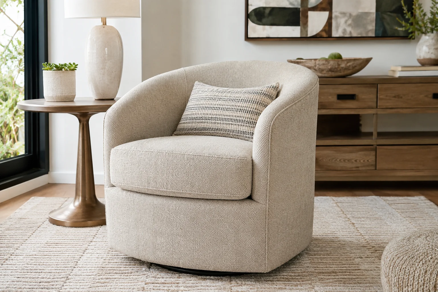 Birch Lane Armino swivel barrel chair in a cozy modern living room with cream upholstery and curved design