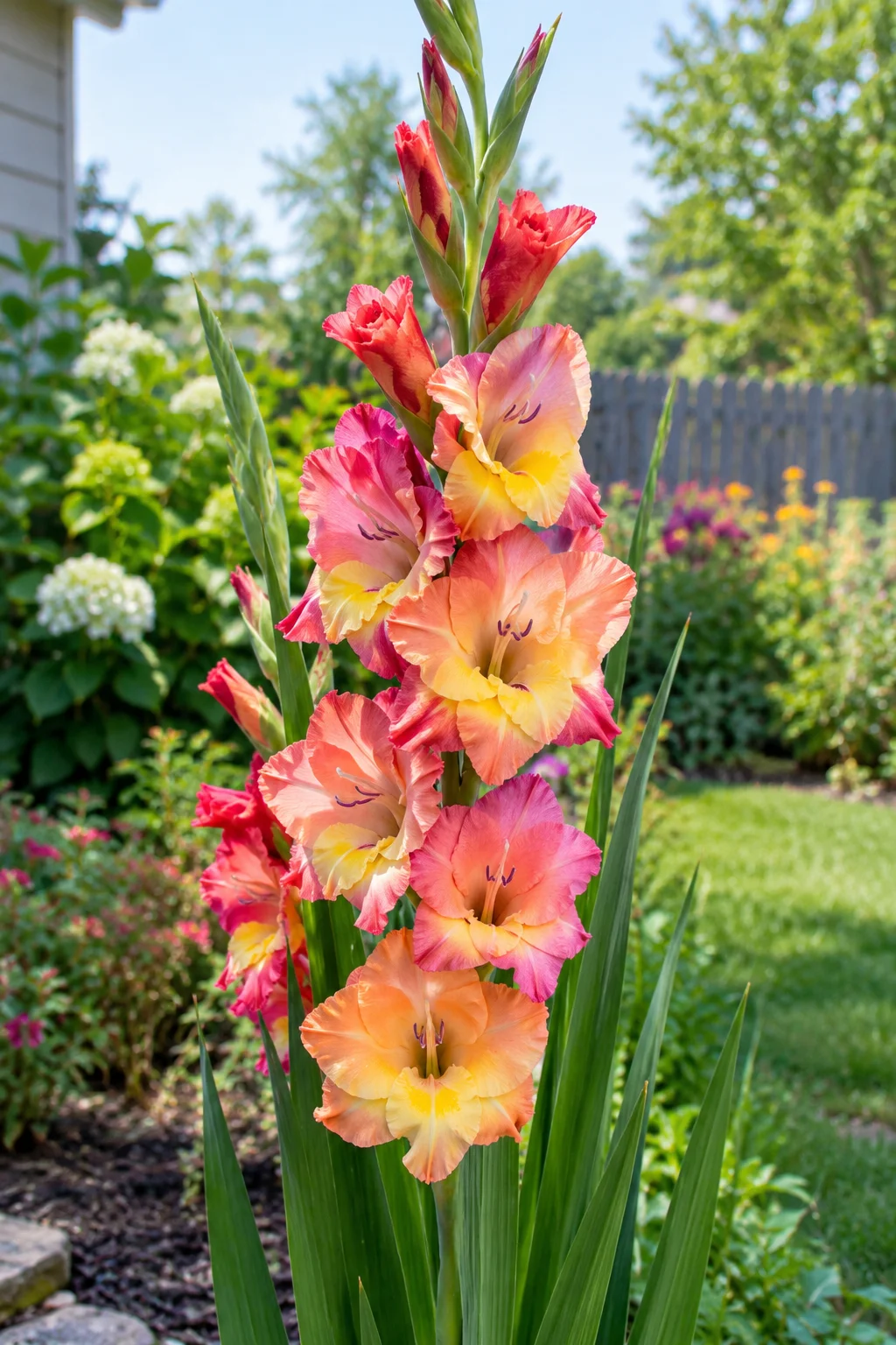 Tall gladiolus flower spikes blooming in a summer garden