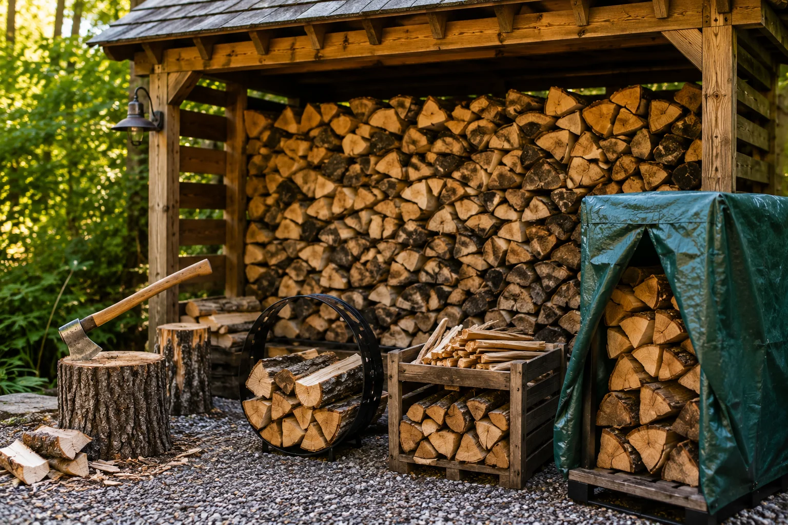 Rustic firewood storage shed with neatly stacked split logs, seasoning wood, and outdoor storage racks.