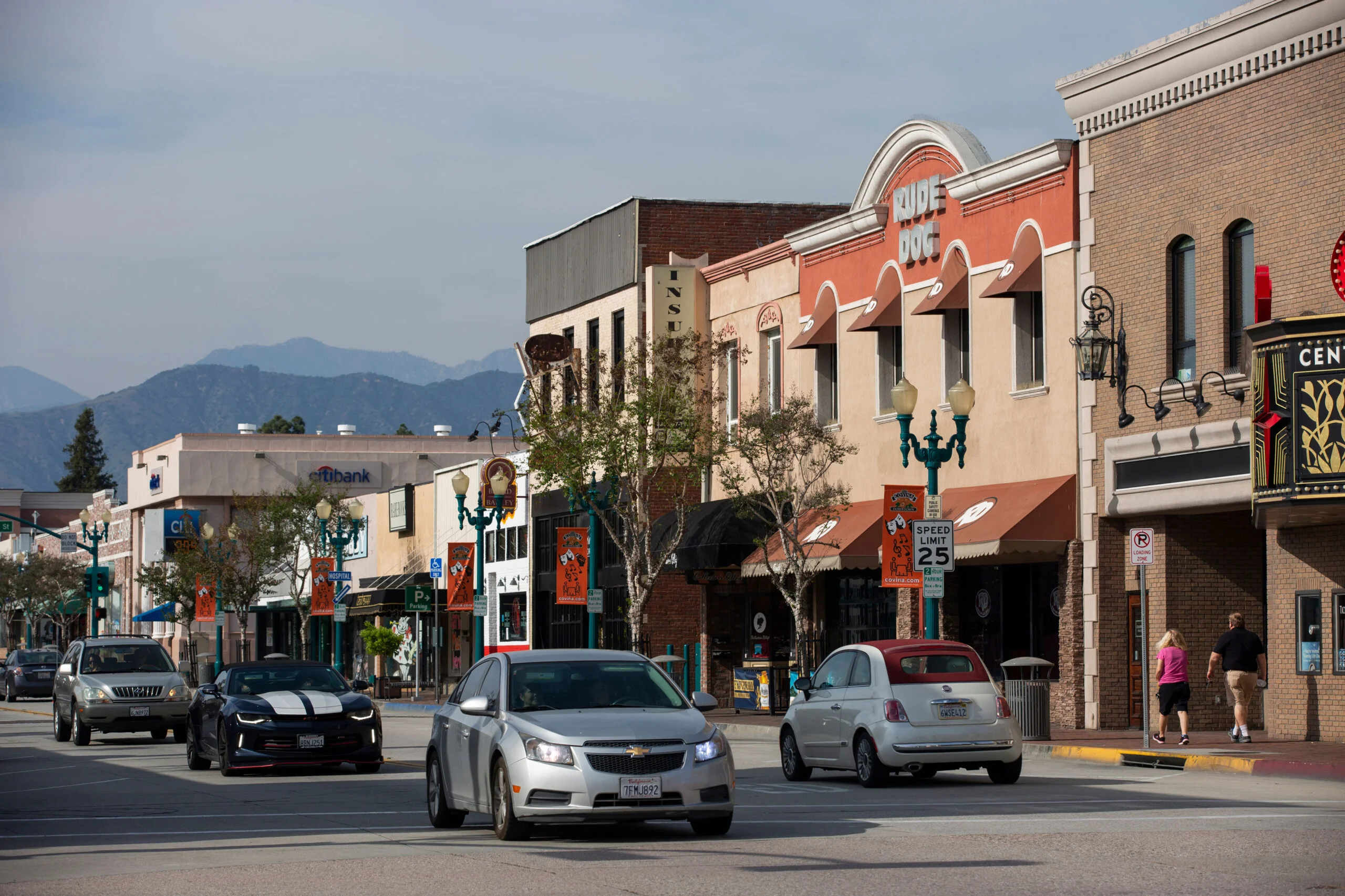Historic downtown Covina California street with local shops and restaurants