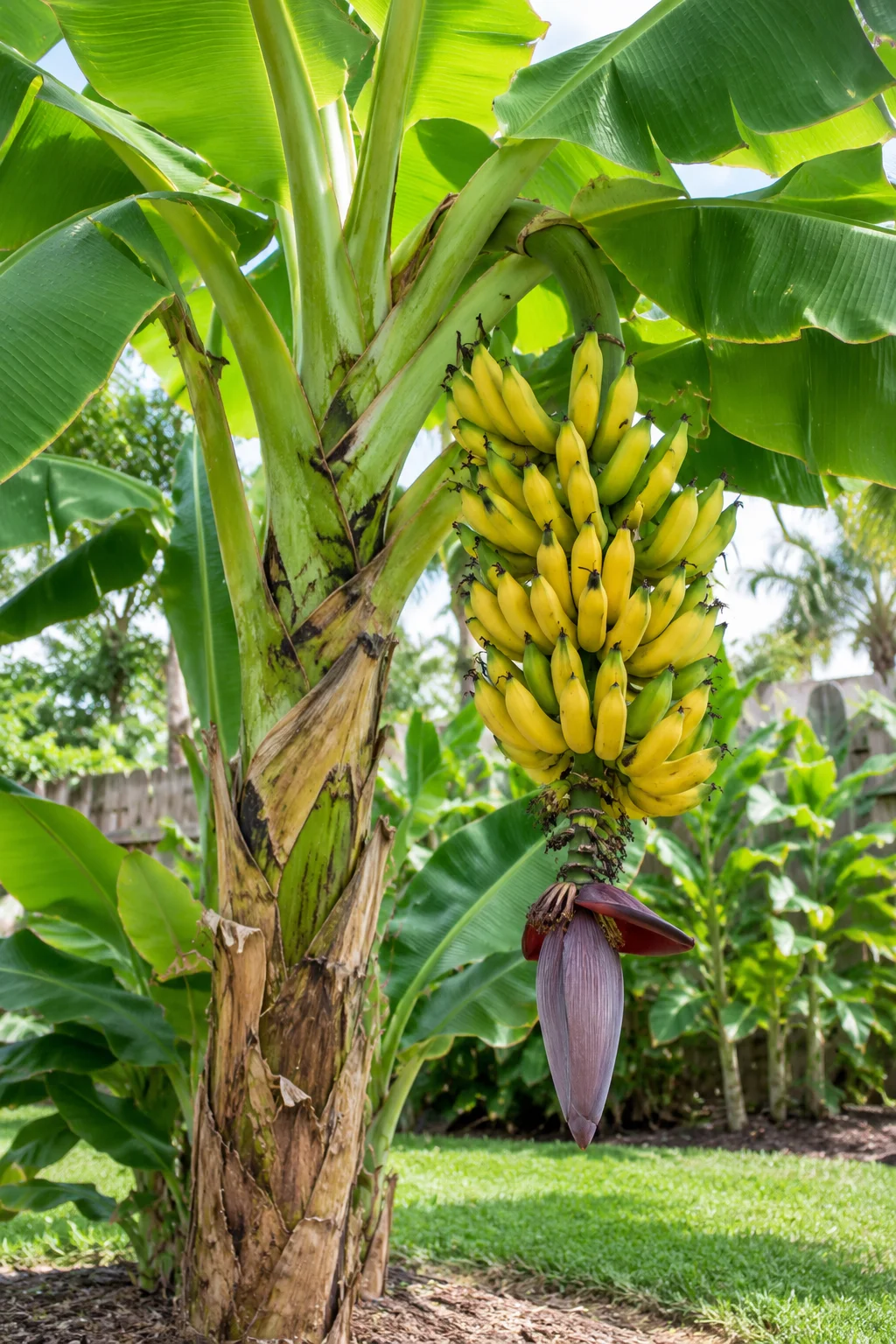 Dwarf Cavendish banana tree with a bunch of ripening bananas