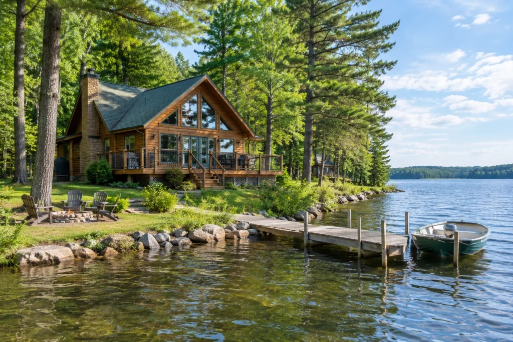 Wood cabin on a lake in northern Wisconsin surrounded by pine trees
