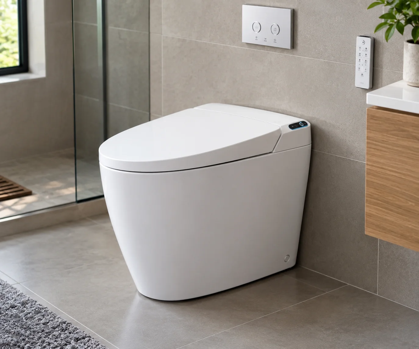 Modern white tankless toilet in a sleek contemporary bathroom with concealed tank design