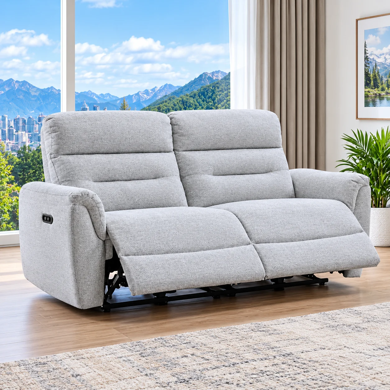 Gray chenille three-seat power motion sofa in a modern living room.
