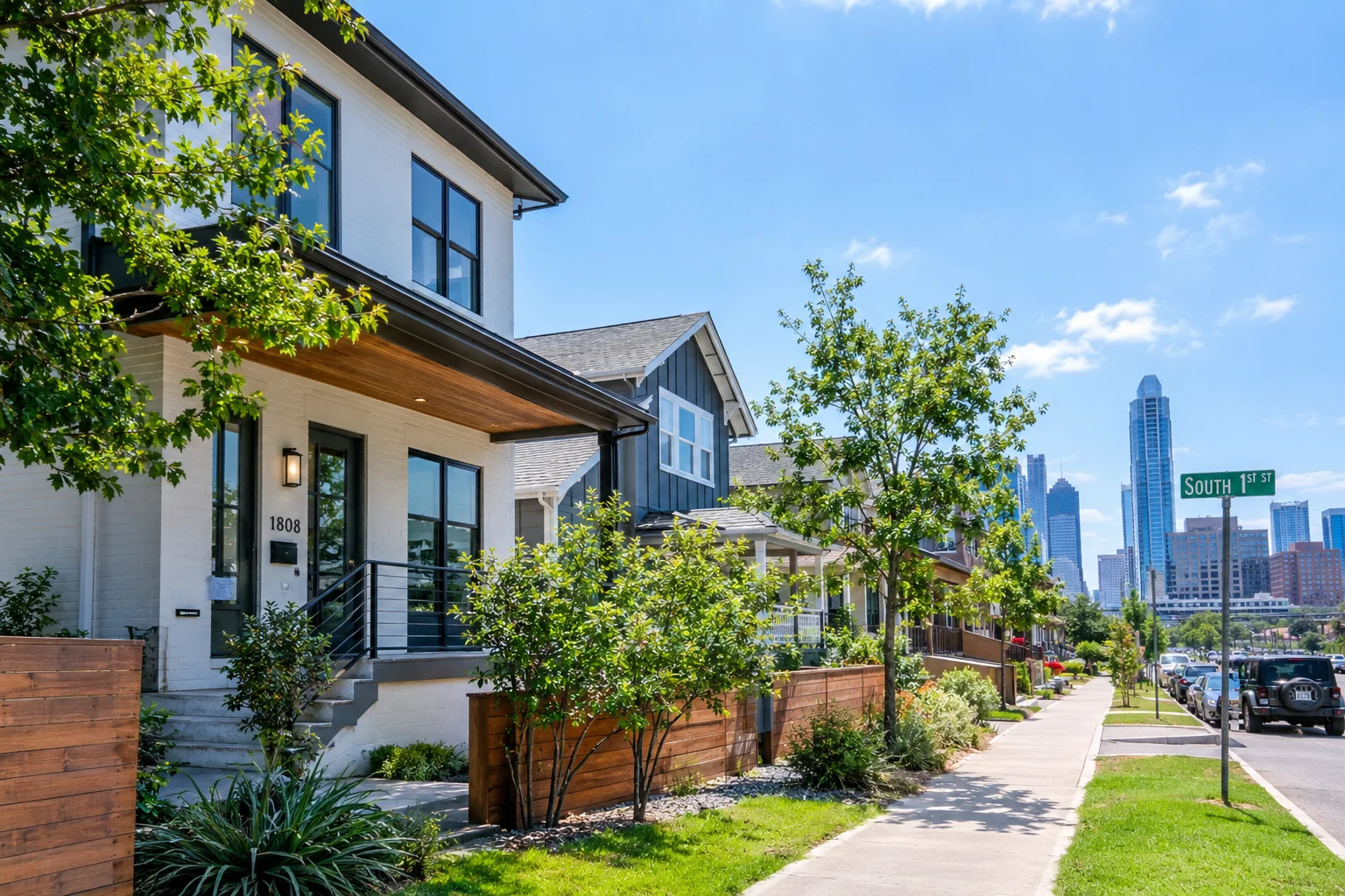 South 1st Austin TX homes for sale on a residential street with modern houses and downtown Austin skyline