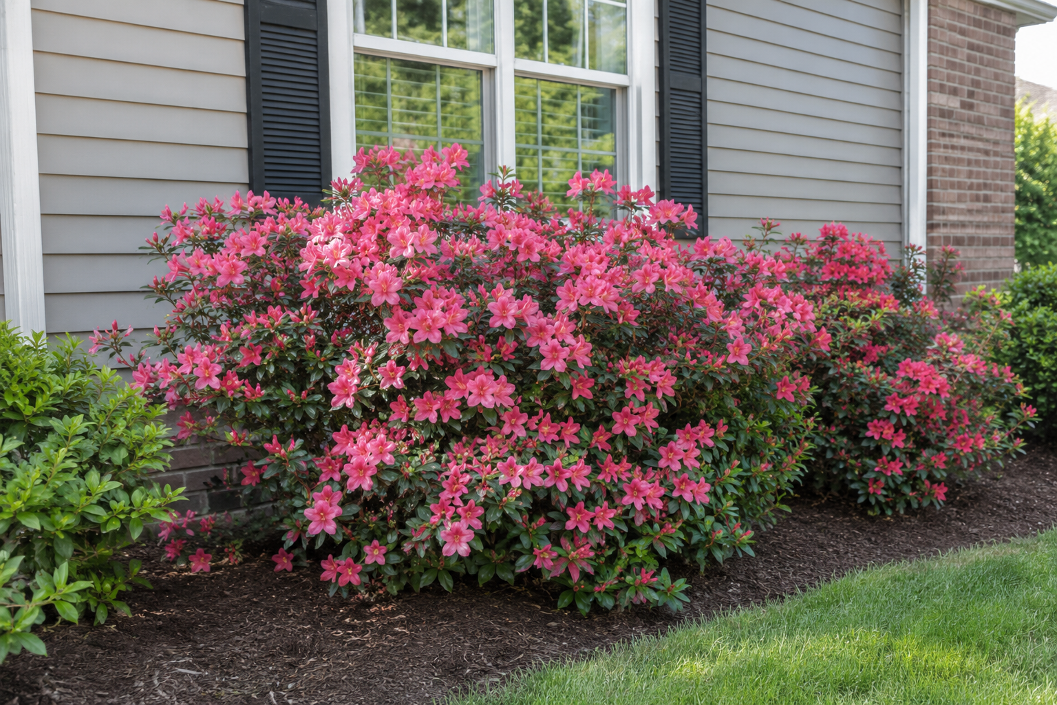 Evergreen azalea shrub covered in pink spring flowers along a home foundation