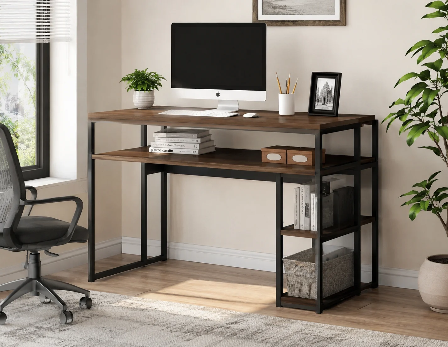 Harry Computer Desk by Ebern Designs with computer and storage shelves in a modern home office