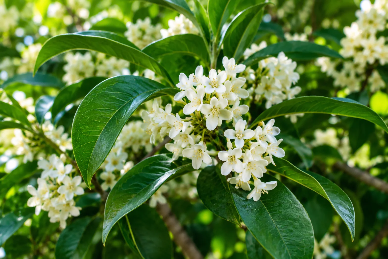Close-up of fragrant white Osmanthus fragrans flowers clustered along a branch.