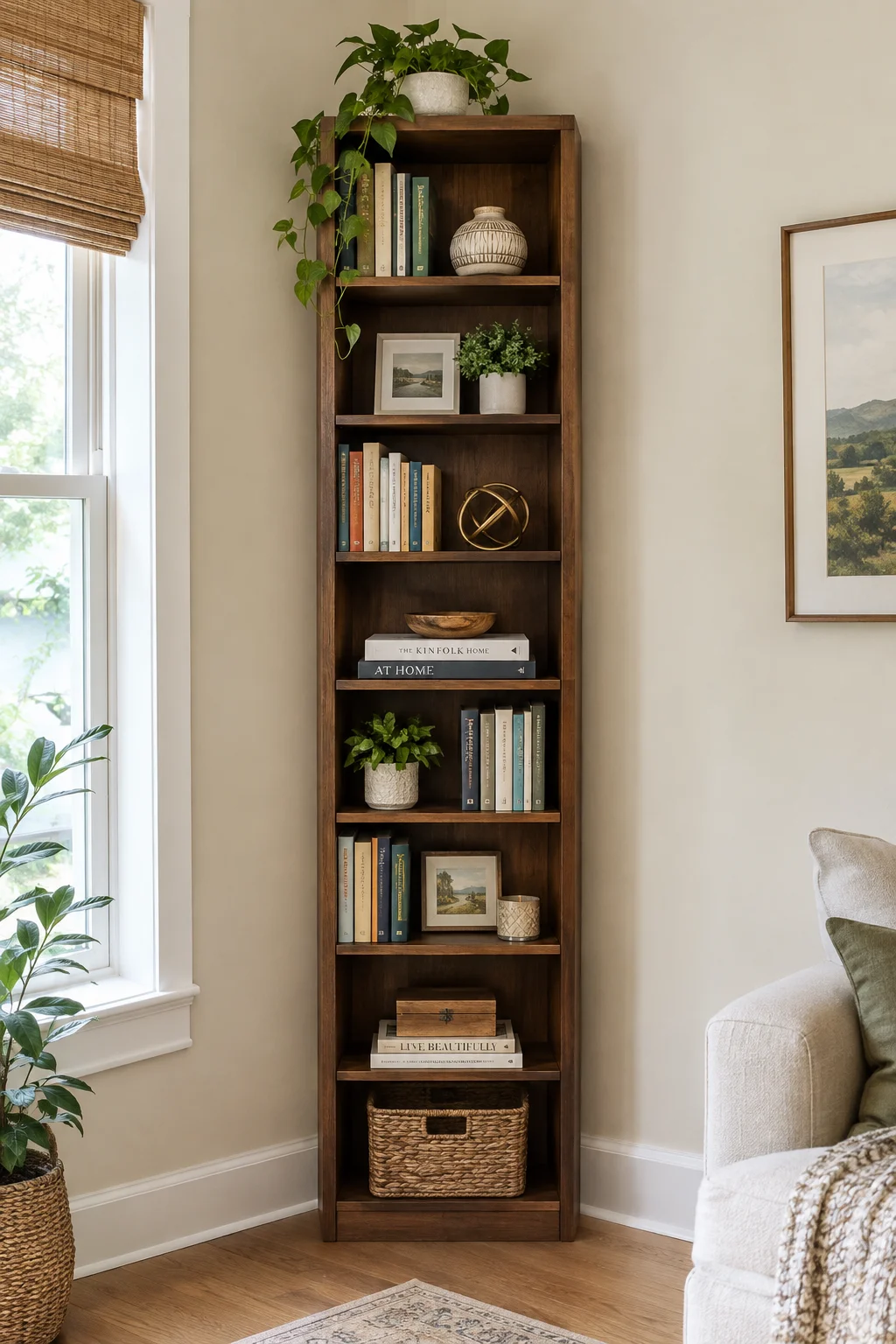 Tall 8-tier brown bookcase styled in a room corner