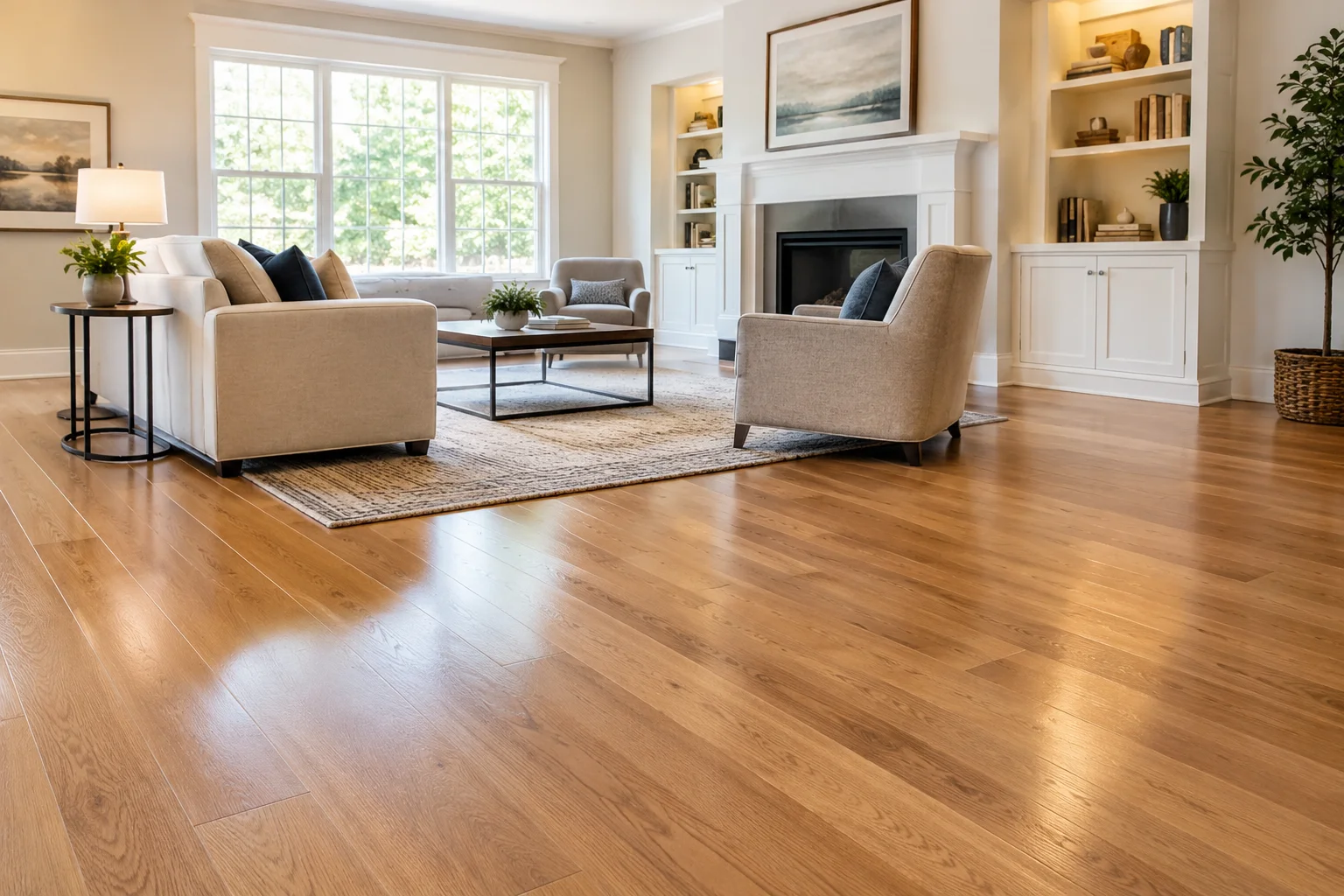Living room with prefinished oak hardwood flooring installed