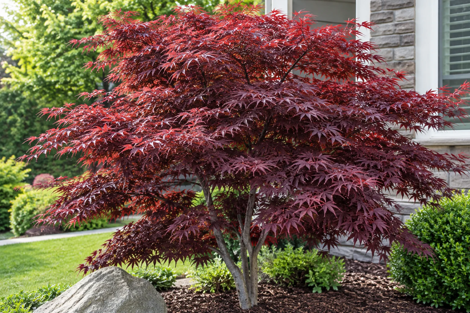 Bloodgood Japanese Maple with deep burgundy-red foliage in a landscaped garden