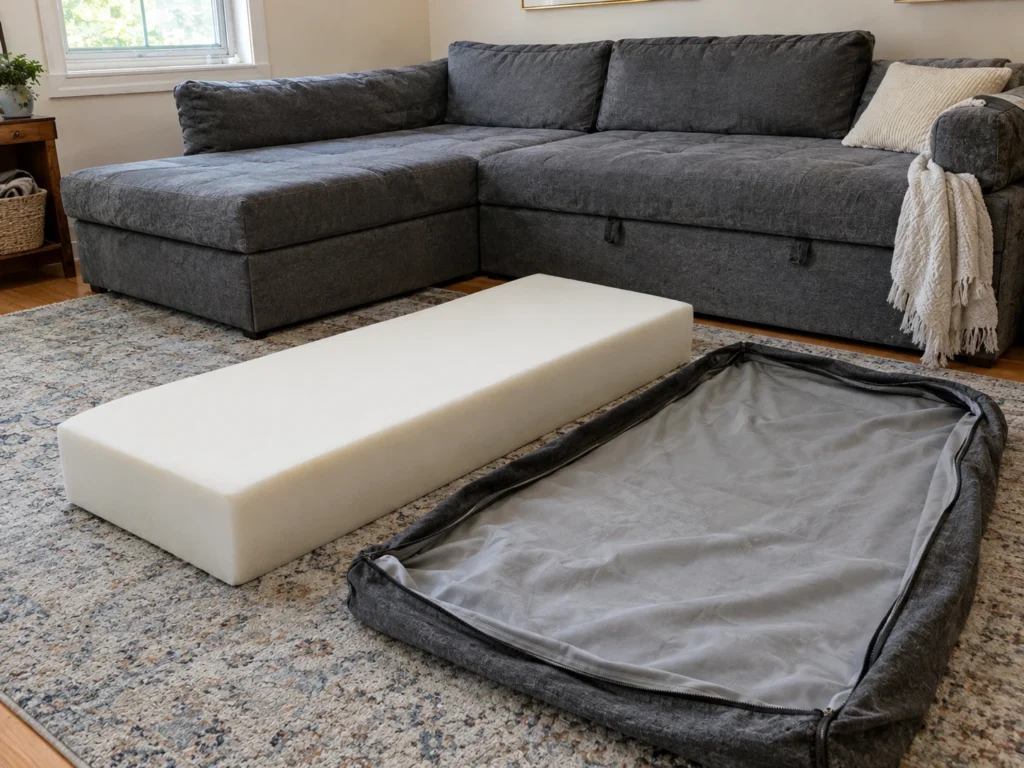 Removable zippered cover next to the foam base of a sofa-style pet bed