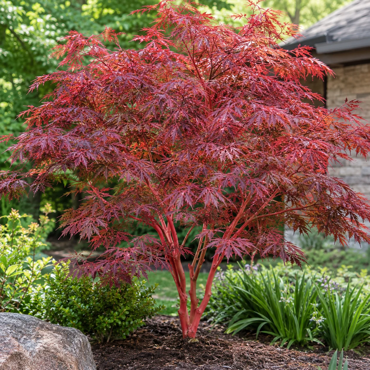 Coral Bark Japanese Maple with vibrant red foliage and bright coral-red branches in a landscaped garden