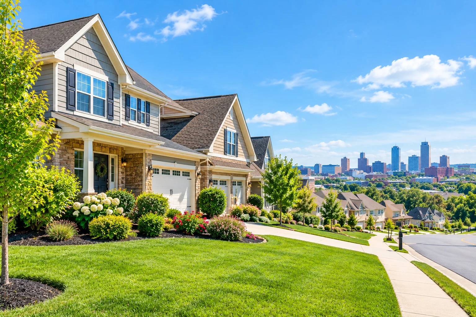 Jackson County, MO homes for sale featuring a modern suburban house, landscaped lawn, and residential neighborhood.