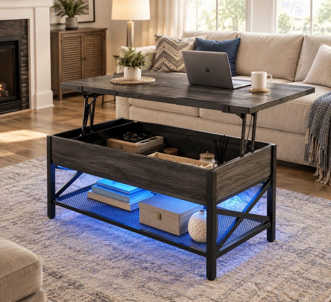17 Stories Kristien lift top coffee table extended into a dining surface