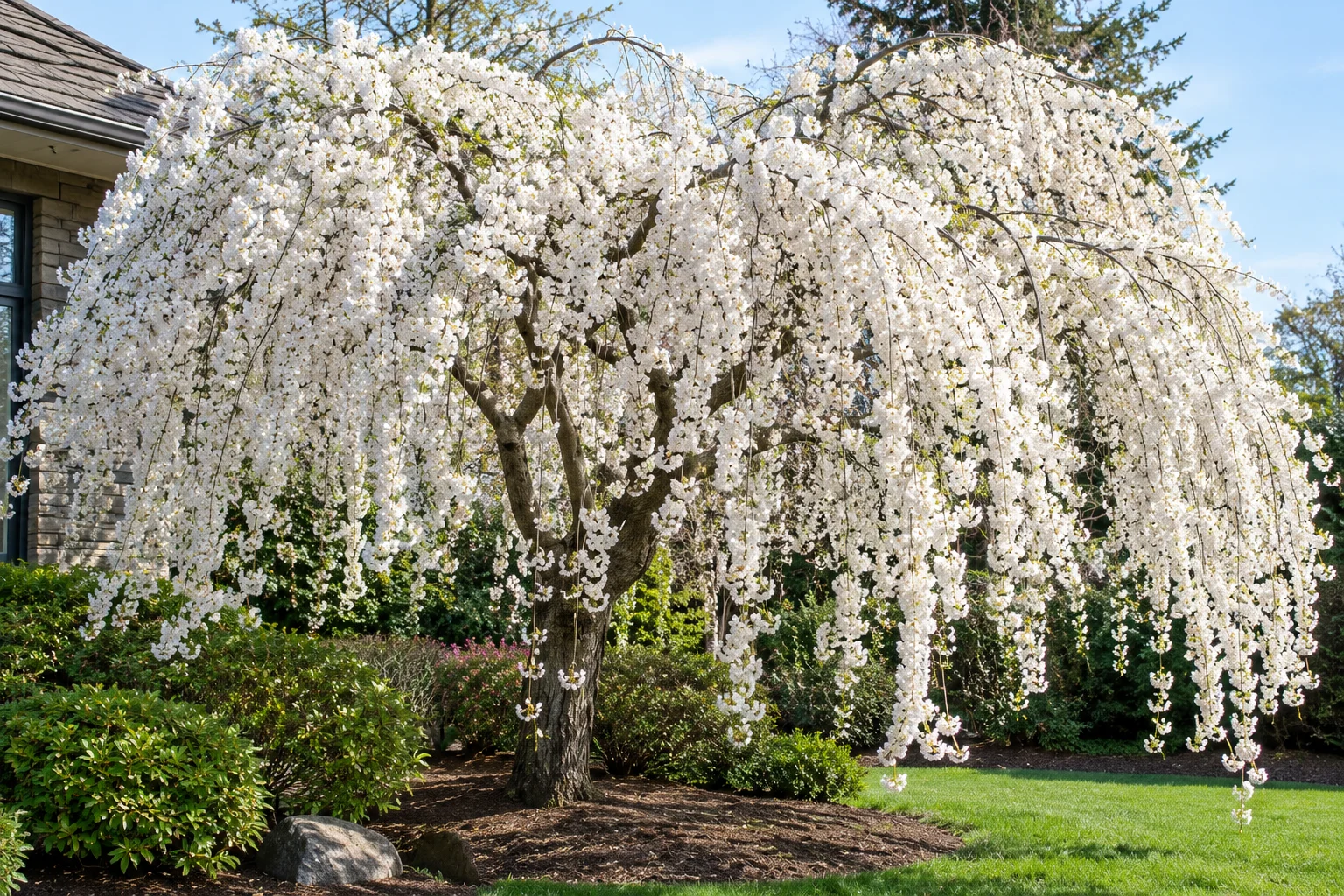 Snow Fountain weeping cherry tree in full white bloom in spring