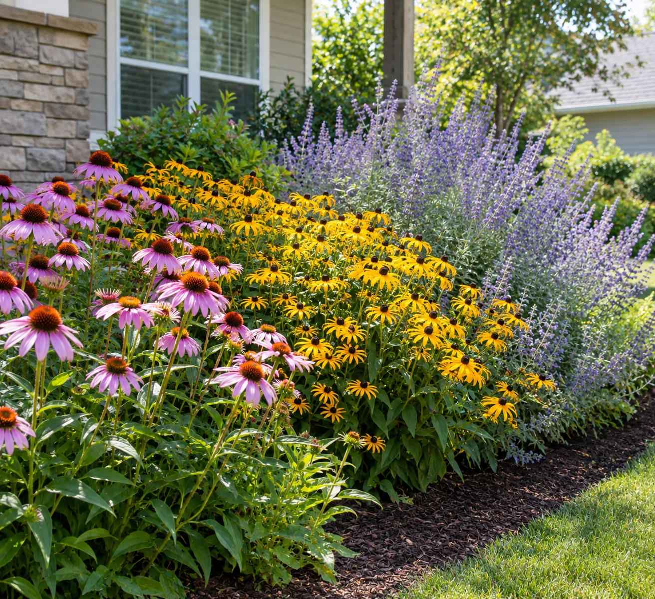 Purple coneflower and black-eyed Susan blooming together in a full-sun perennial garden
