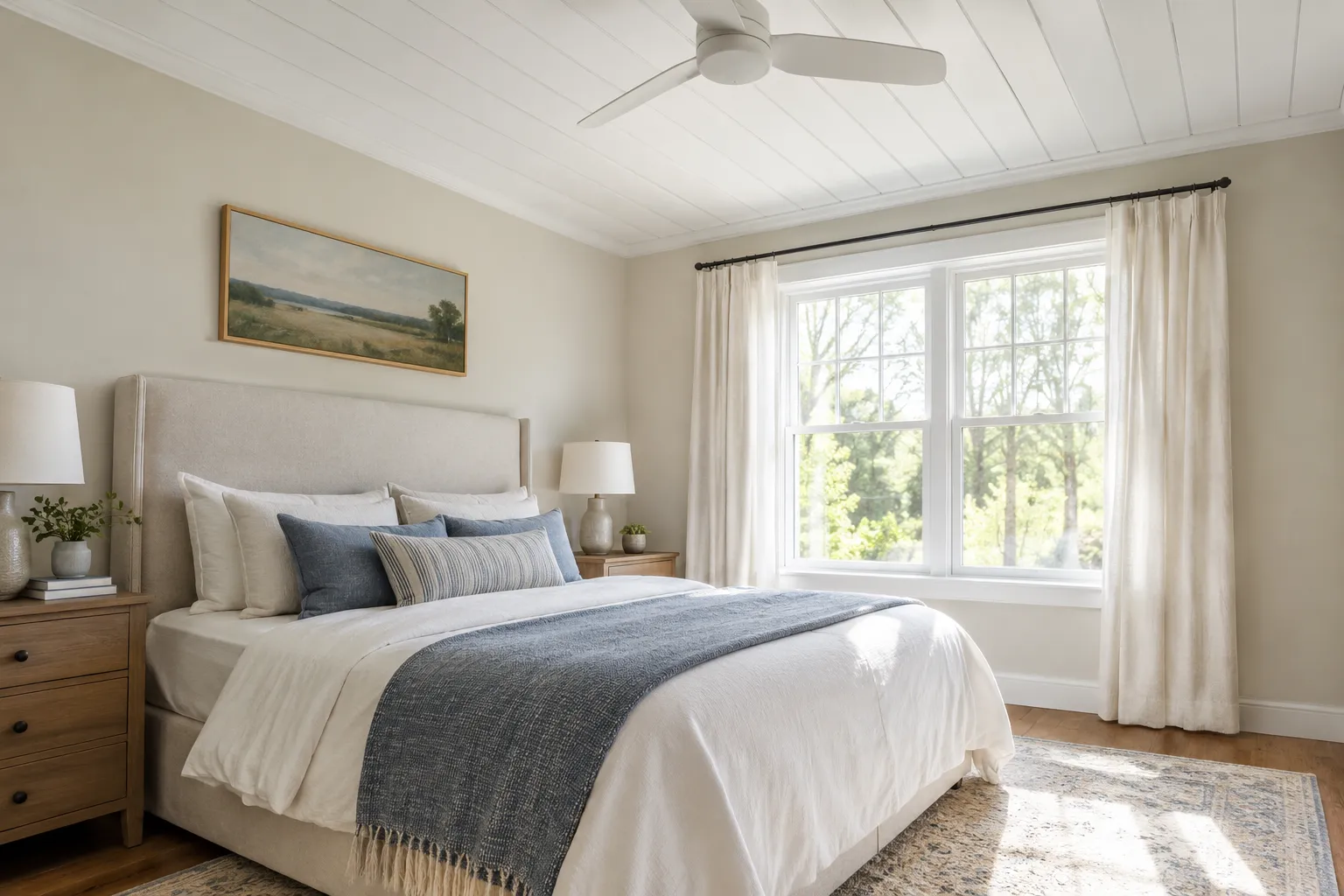 AI generated Illustration of Bedroom with a white painted shiplap ceiling and soft daylight coming through a window