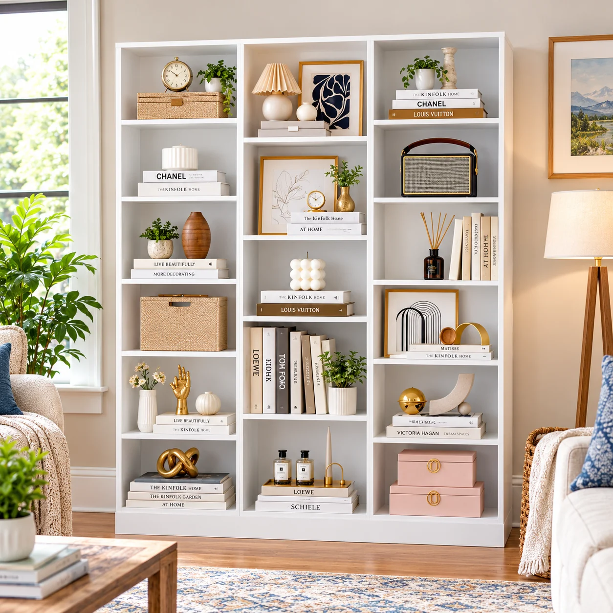 Ebern Designs Wakil 6-tier wood bookcase in black filled with books and décor along a living room wall.