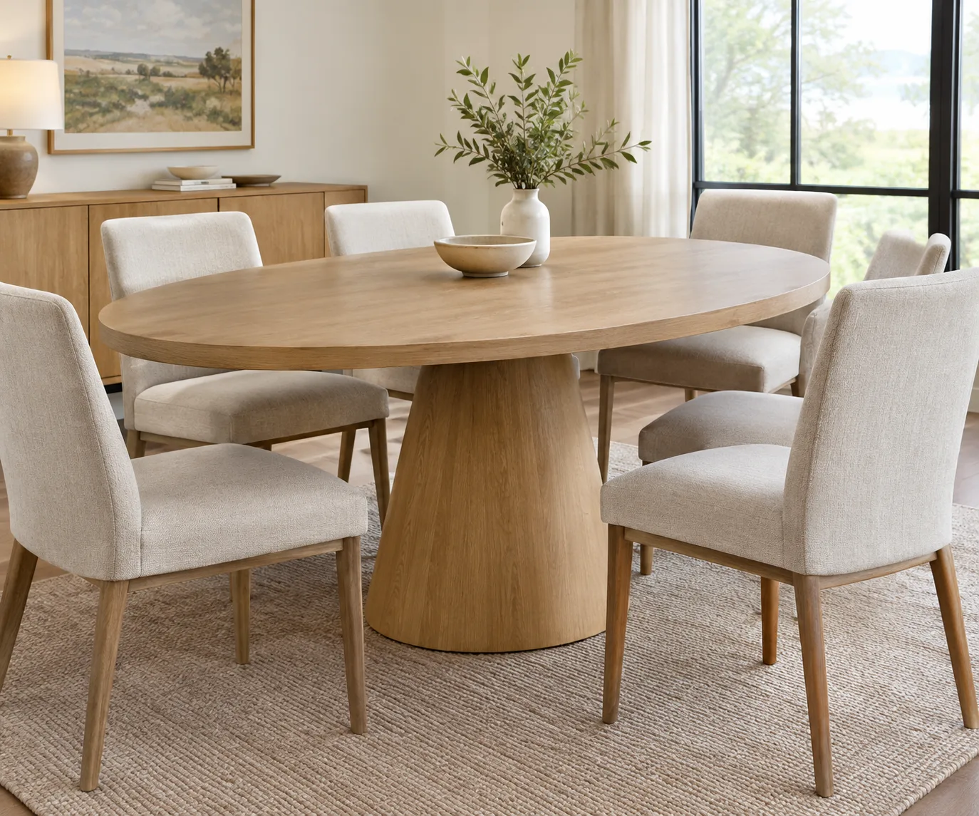 AI-generated illustration of Oval oak dining table with a curved cast steel pedestal base surrounded by six upholstered dining chairs