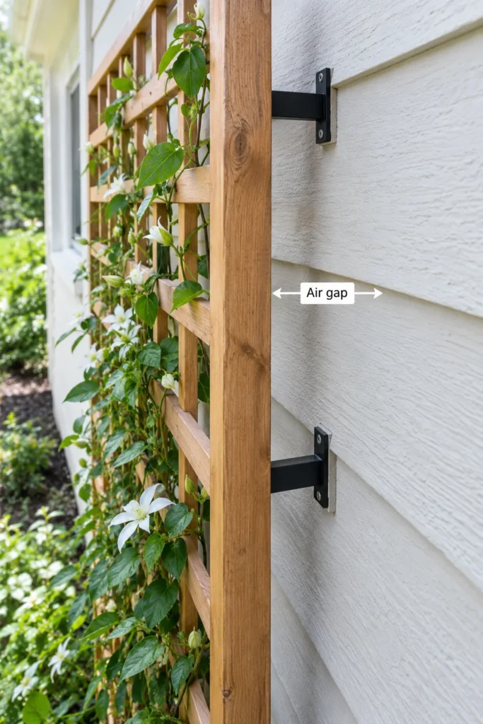 AI-generated illustration of a wooden trellis mounted on spacer blocks, leaving a gap between the panel and the house siding