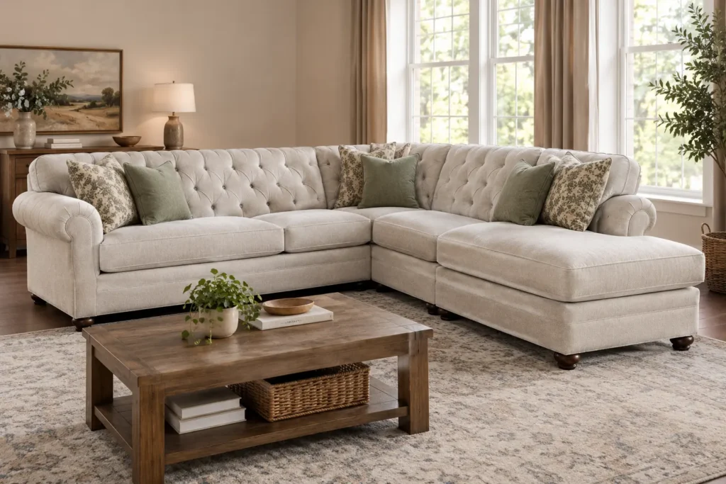 AI-generated illustration of a two-piece gray sectional sofa with a corner chaise