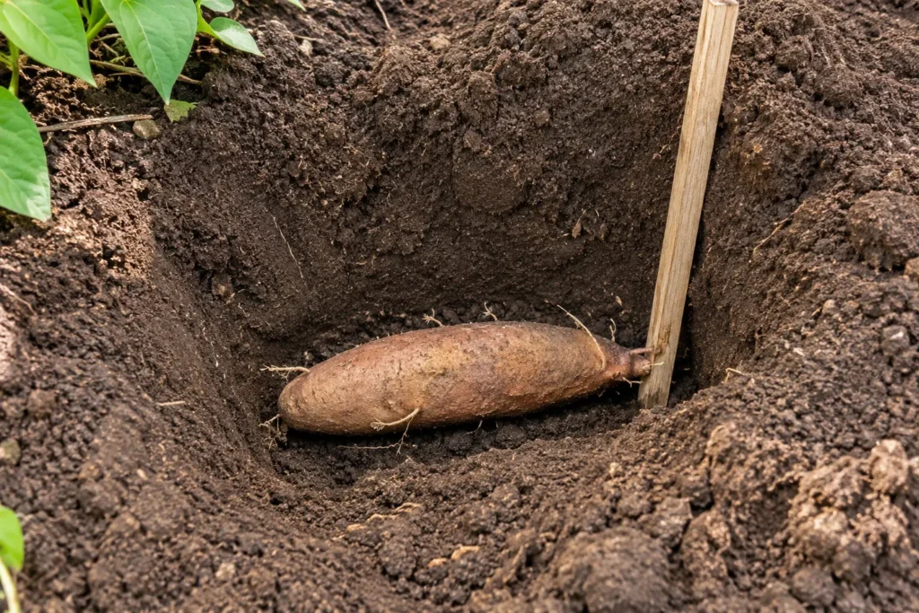 AI generated Illustration of Dahlia tuber lying on its side in a 5-inch planting hole next to a wooden stake