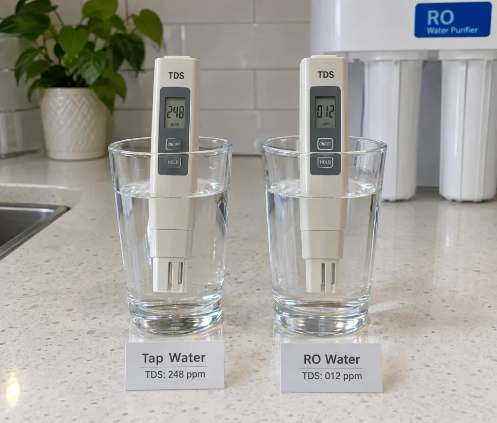 Handheld TDS meter showing a reading next to two glasses of water