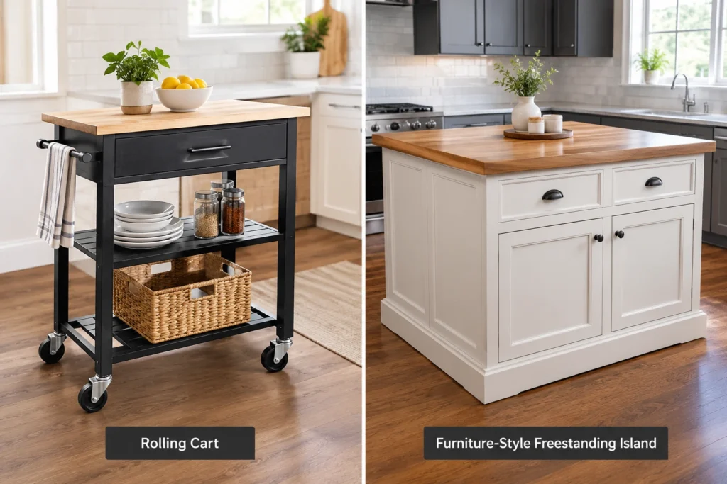 A rolling kitchen cart next to a freestanding furniture-style kitchen island with open shelves.