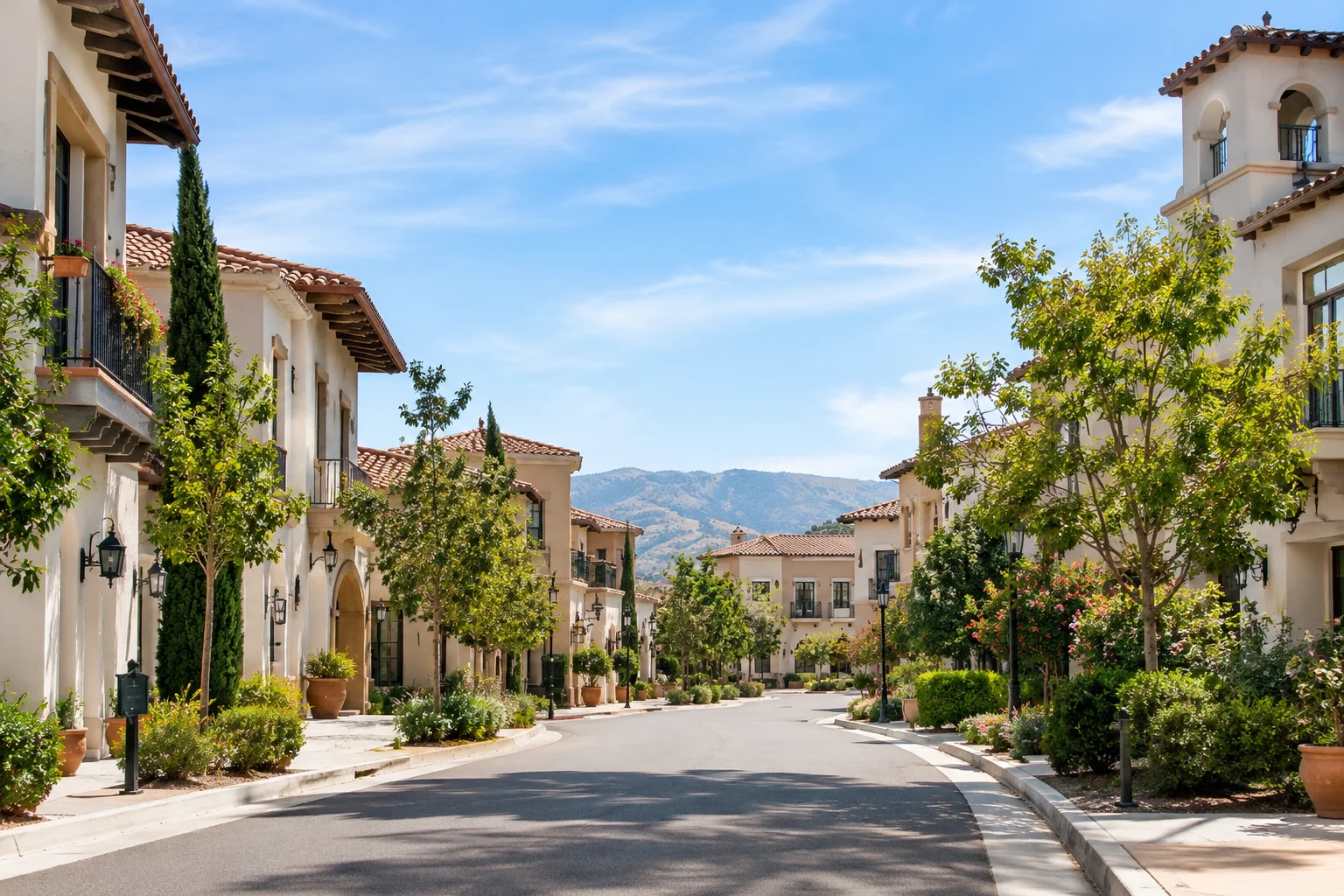Spanish-style shops and townhomes along a pedestrian street in Entrada, Westlake, Texas.