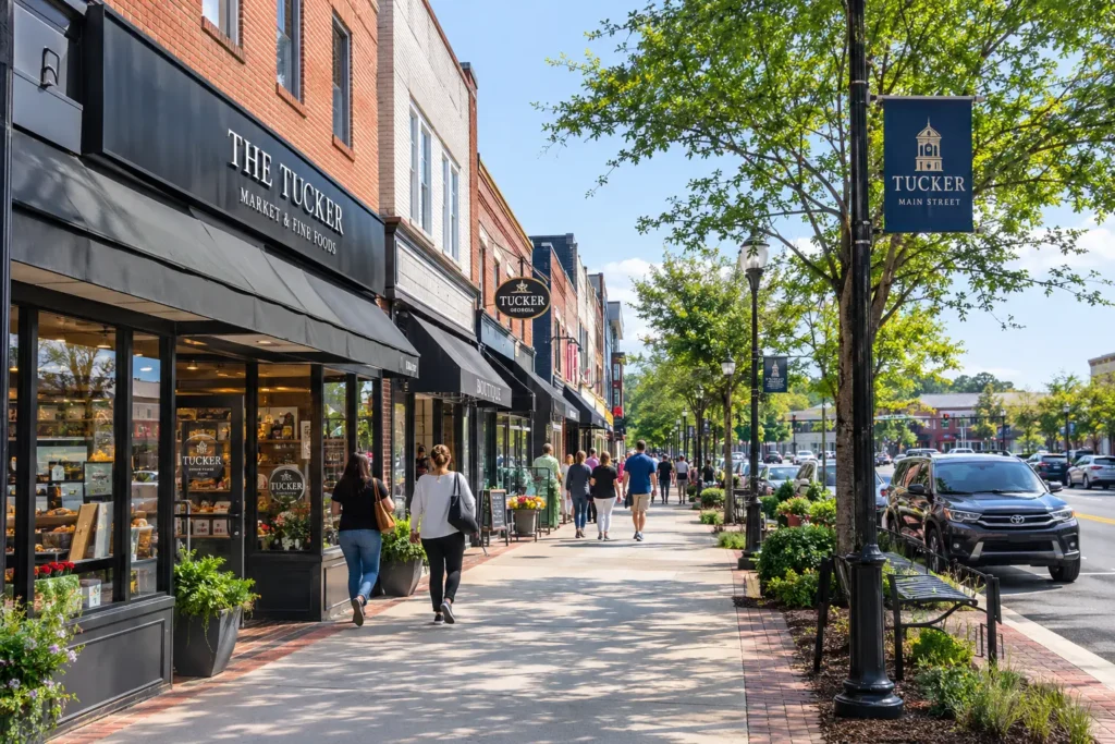 AI-generated illustration of storefronts and sidewalk along Main Street in downtown Tucker, Georgia