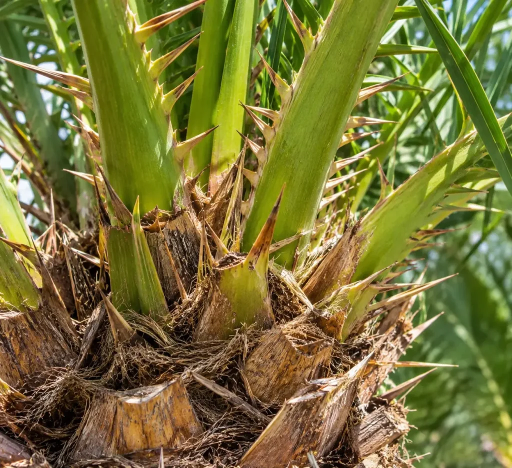 Close-up of sharp spines at the base of a pygmy date palm frond