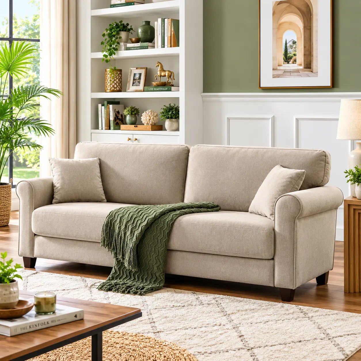 House of Hampton® Bulwell 82.9'' upholstered sofa in a modern living room with a neutral fabric finish, rolled arms, matching cushions, and a cozy throw blanket.