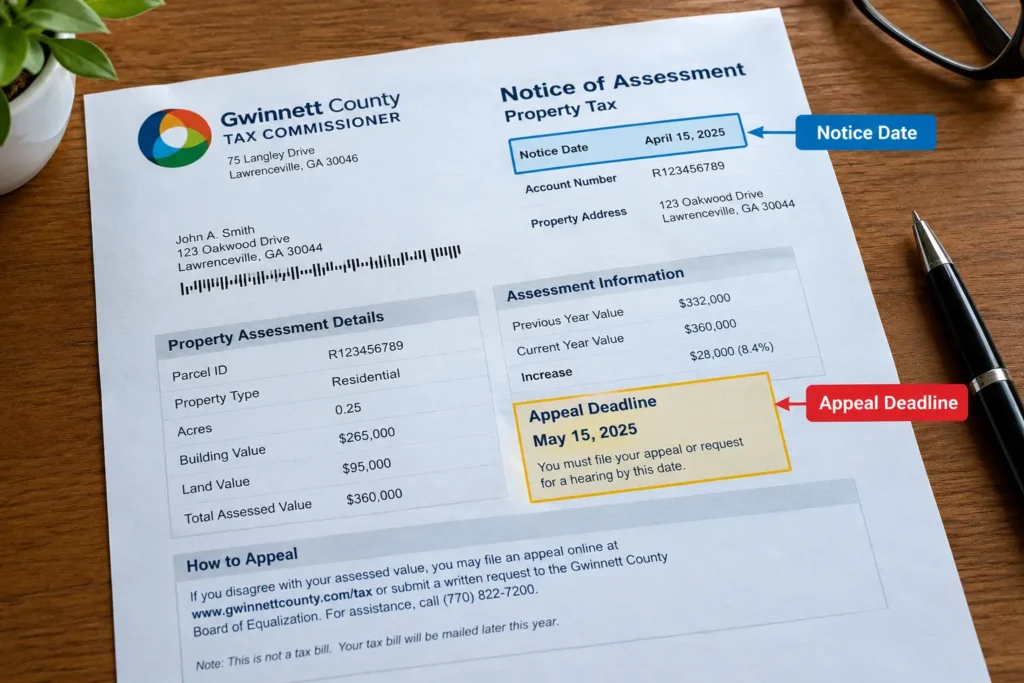 Gwinnett County Notice of Assessment with the notice date and appeal deadline circled.