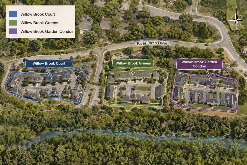AI-generated illustration of a map of River Birch Drive in Brookfield, Wisconsin, marking Willow Brook Court, Willow Brook Greens and Willow Brook Garden