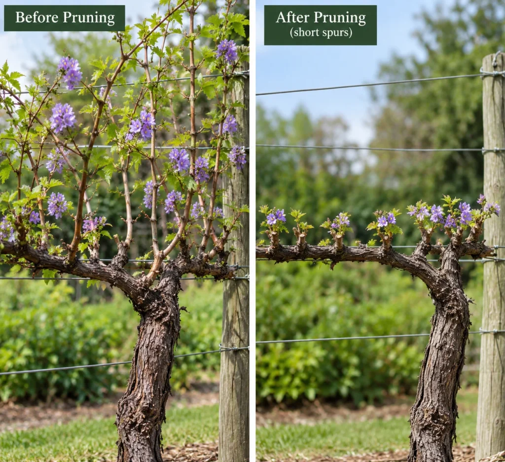 Wisteria vine in late winter with side shoots pruned back to a few buds