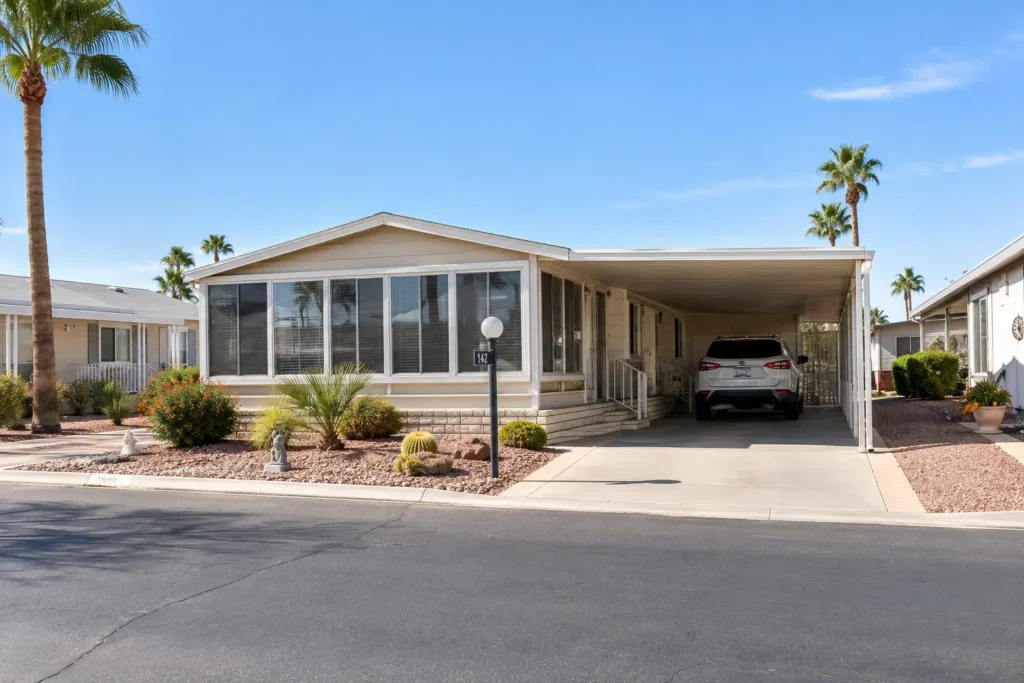 AI-generated illustration of a manufactured home with a covered carport and shaded patio in a Mesa, Arizona retirement community
