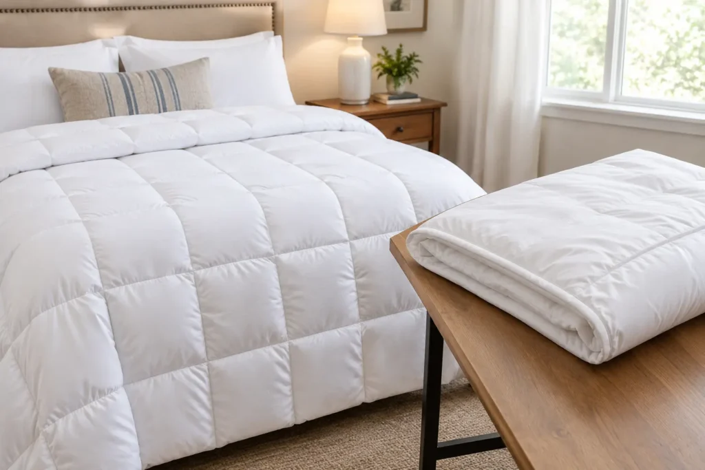 AI-generated illustration of a quilted patterned comforter on a bed, with a plain white duvet insert folded on a table nearby