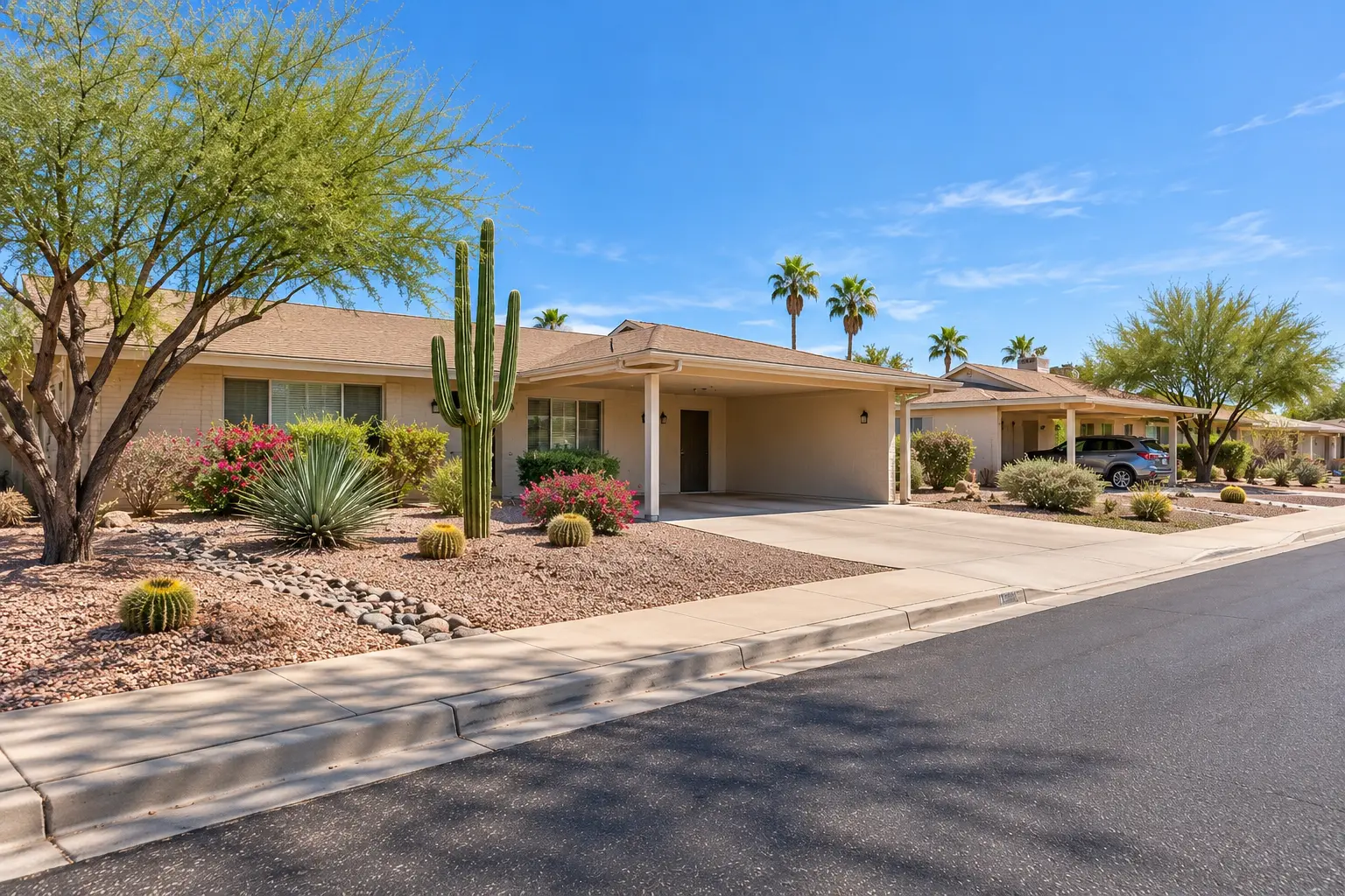 AI generated Illustration of Single-story stucco house with gravel front yard and carport on a residential street in Mesa, Arizona