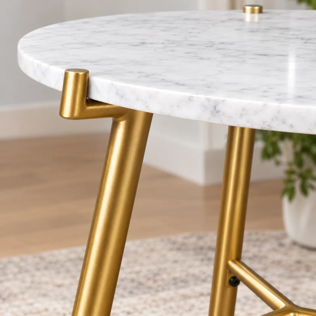 Close-up of white marble tabletop and antiqued gold-tone metal tripod legs