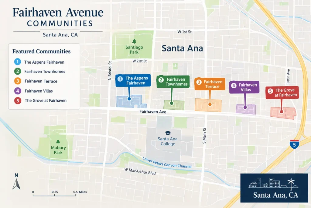 AI-generated illustration of a map showing apartment communities along Fairhaven Avenue in the Cabrillo Park area of Santa Ana