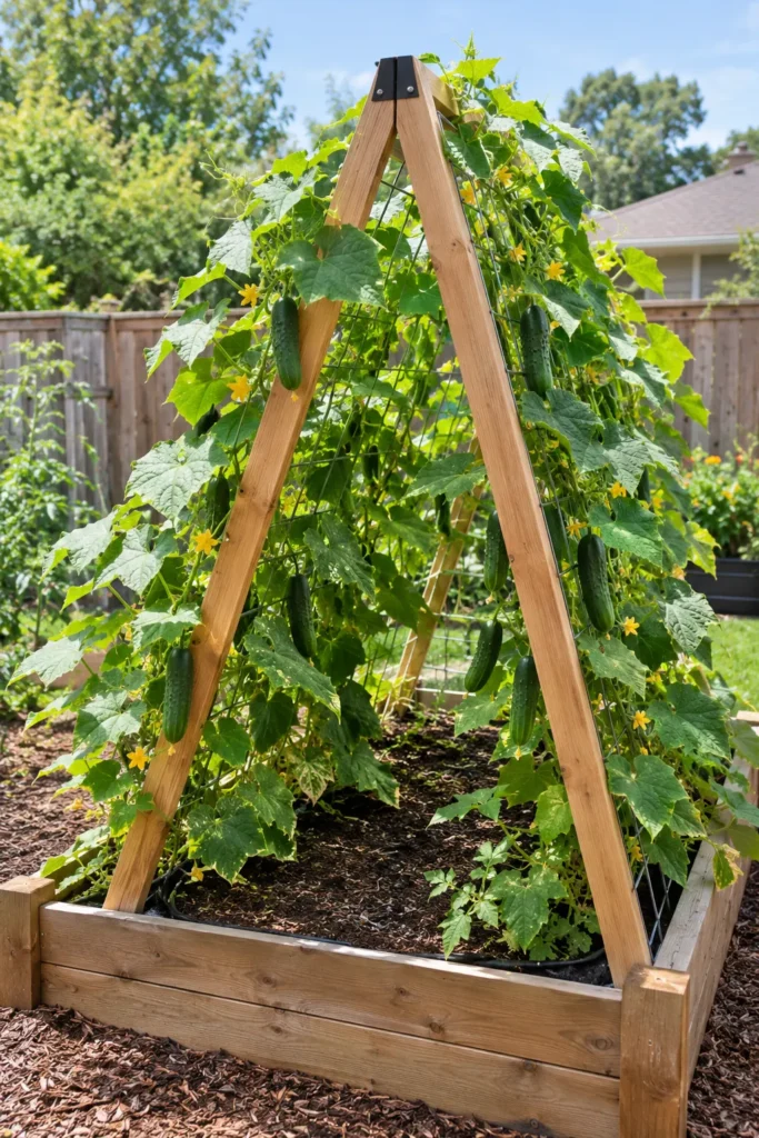 AI-generated illustration of a wooden A-frame trellis over a raised garden bed with cucumber vines climbing both sides
