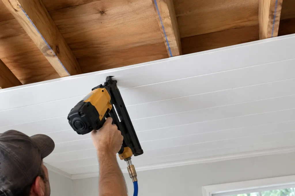 AI generated Illustration of Carpenter nailing a shiplap board to a ceiling joist along a marked chalk line