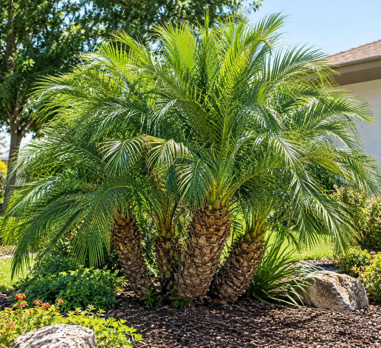 Clump of pygmy date palms with arching feather-shaped fronds growing in a sunny garden bed