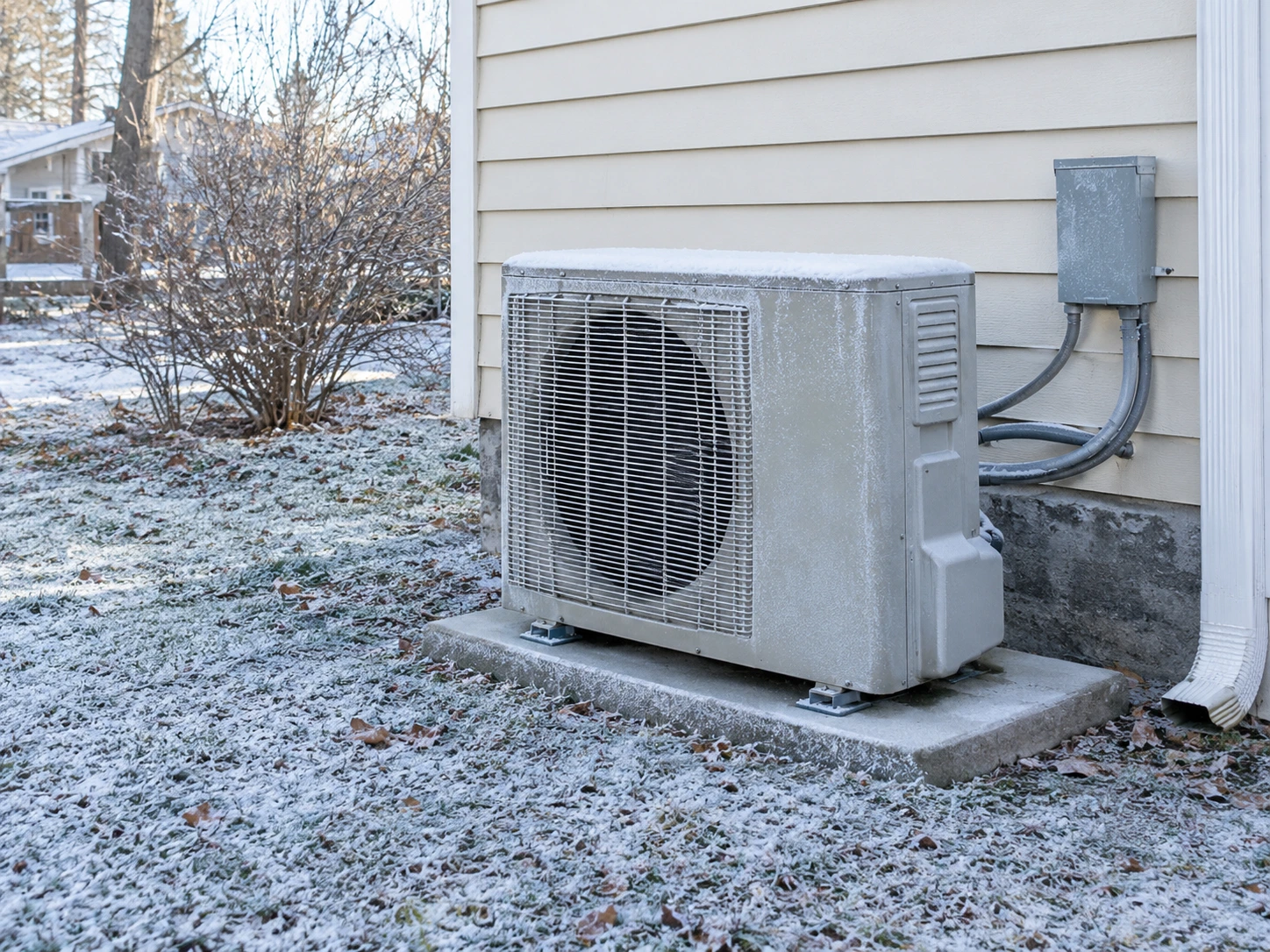 AI generated illustration of Outdoor heat pump with light frost on the coil on a cold morning