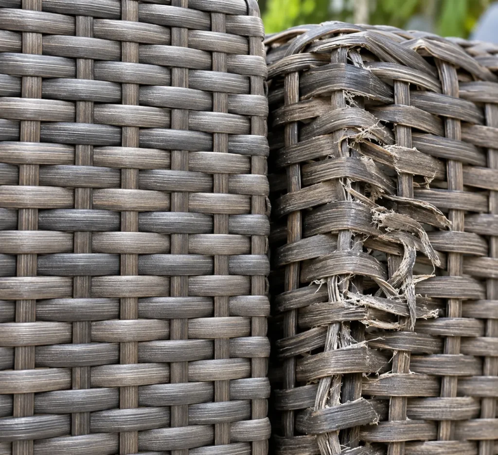 AI-generated illustration comparing a tight resin wicker weave with a loose, fraying weave