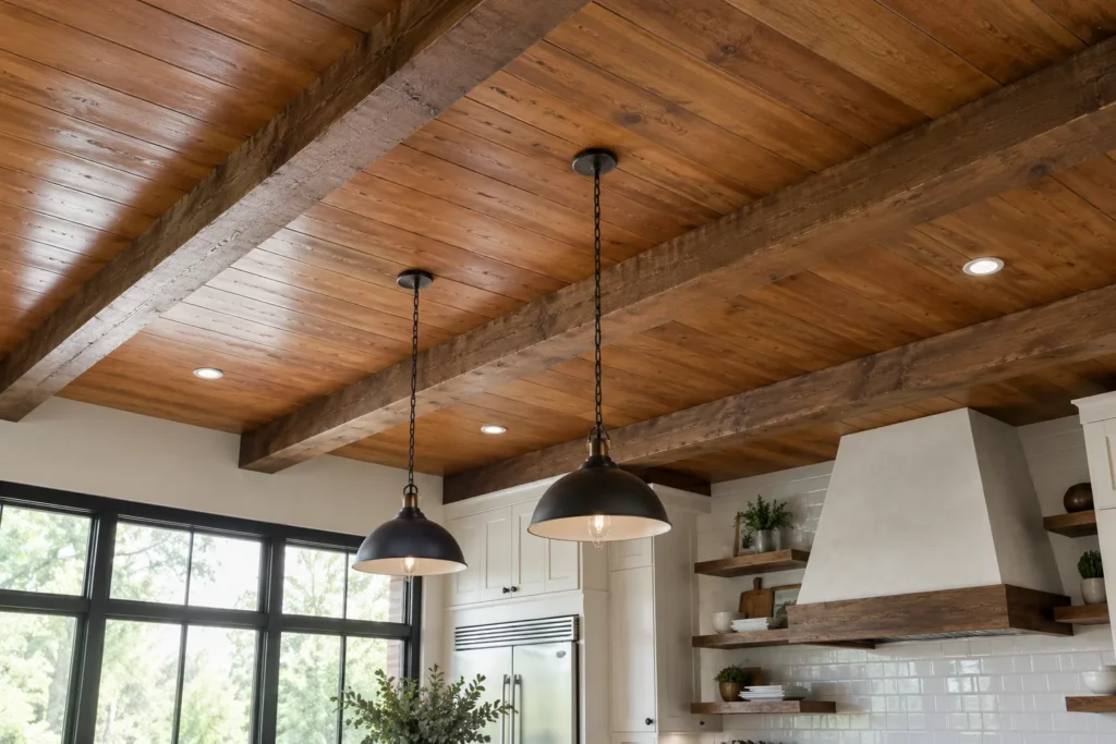 AI generated Illustration Kitchen ceiling with stained wood planks running between exposed wooden beams