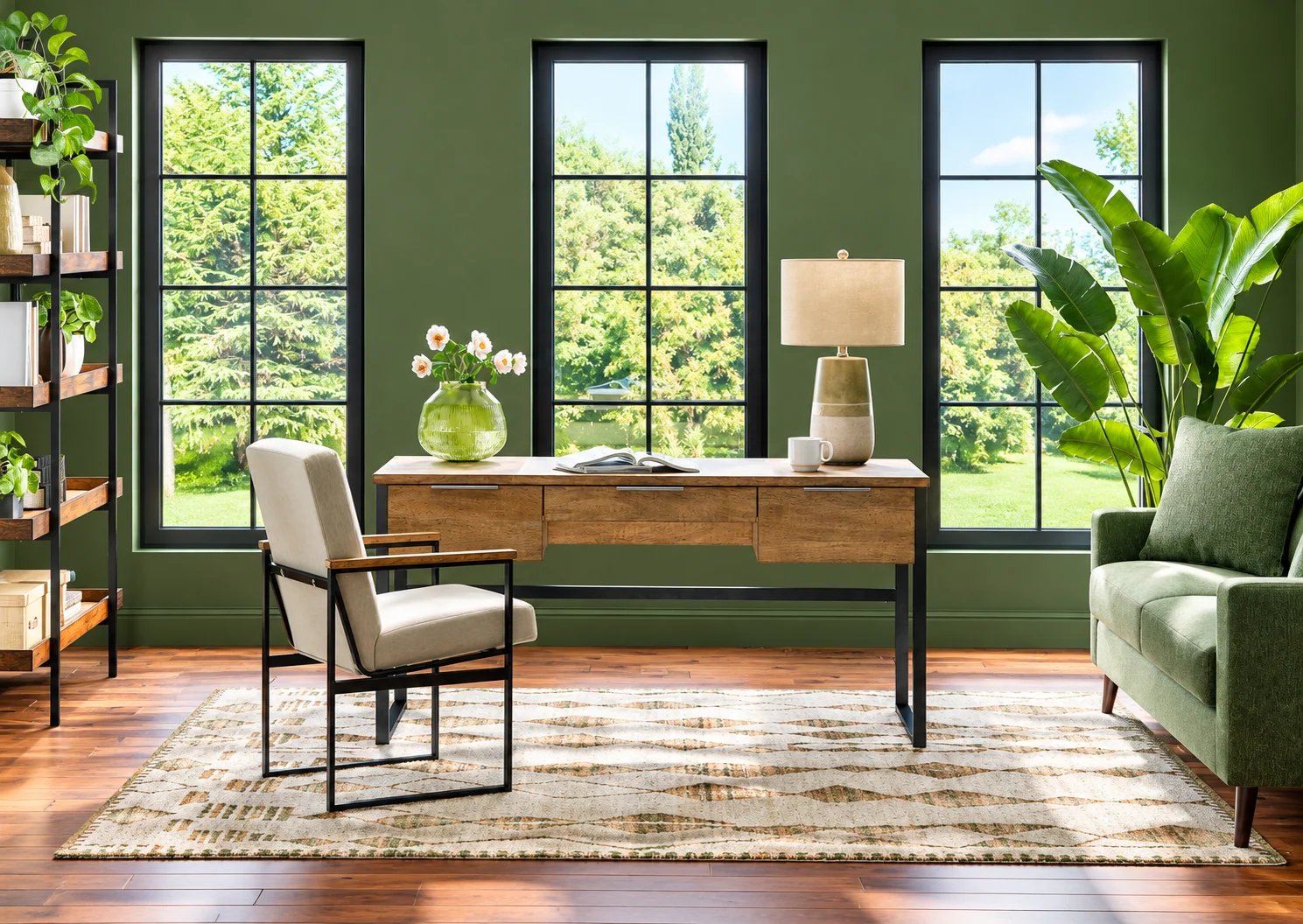 Light brown wood-tone home office desk with a dark gray metal frame and three drawers in a modern home office
