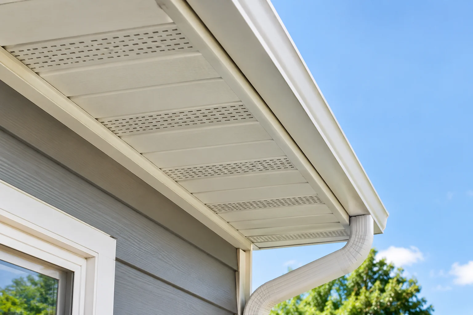 Close-up of perforated soffit vents installed beneath a house roof eave to allow fresh air into the attic for proper roof ventilation.